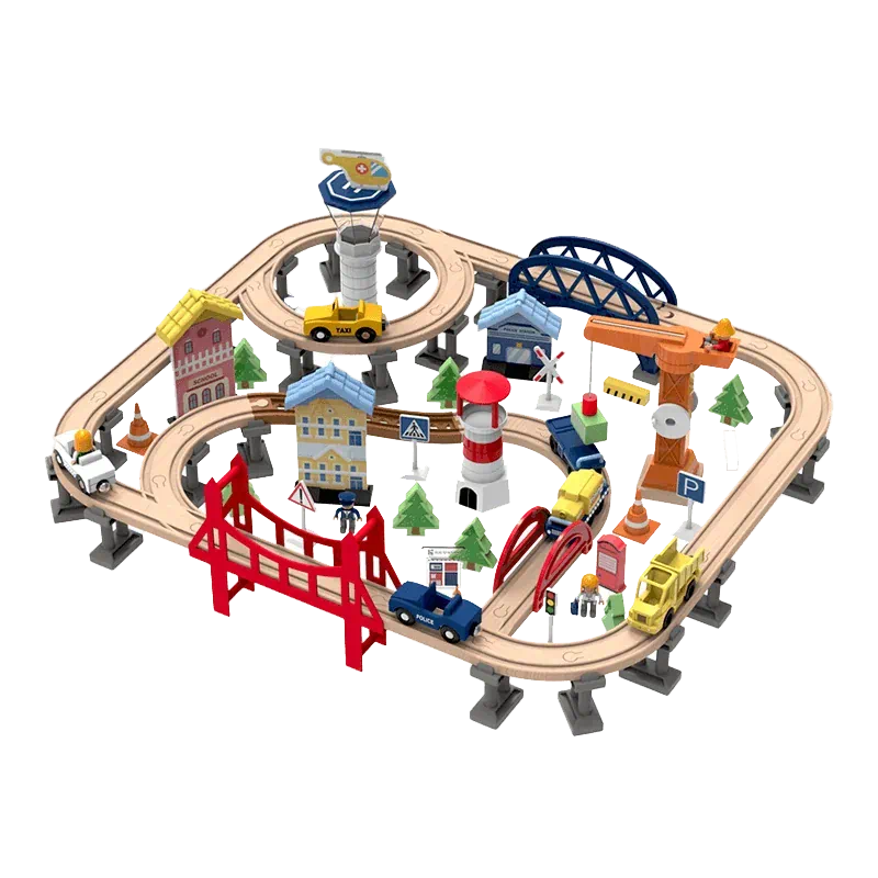 Leo & Friends Railway City Set – 100-Piece Wooden Train & Building Block Kit for Kids 3+