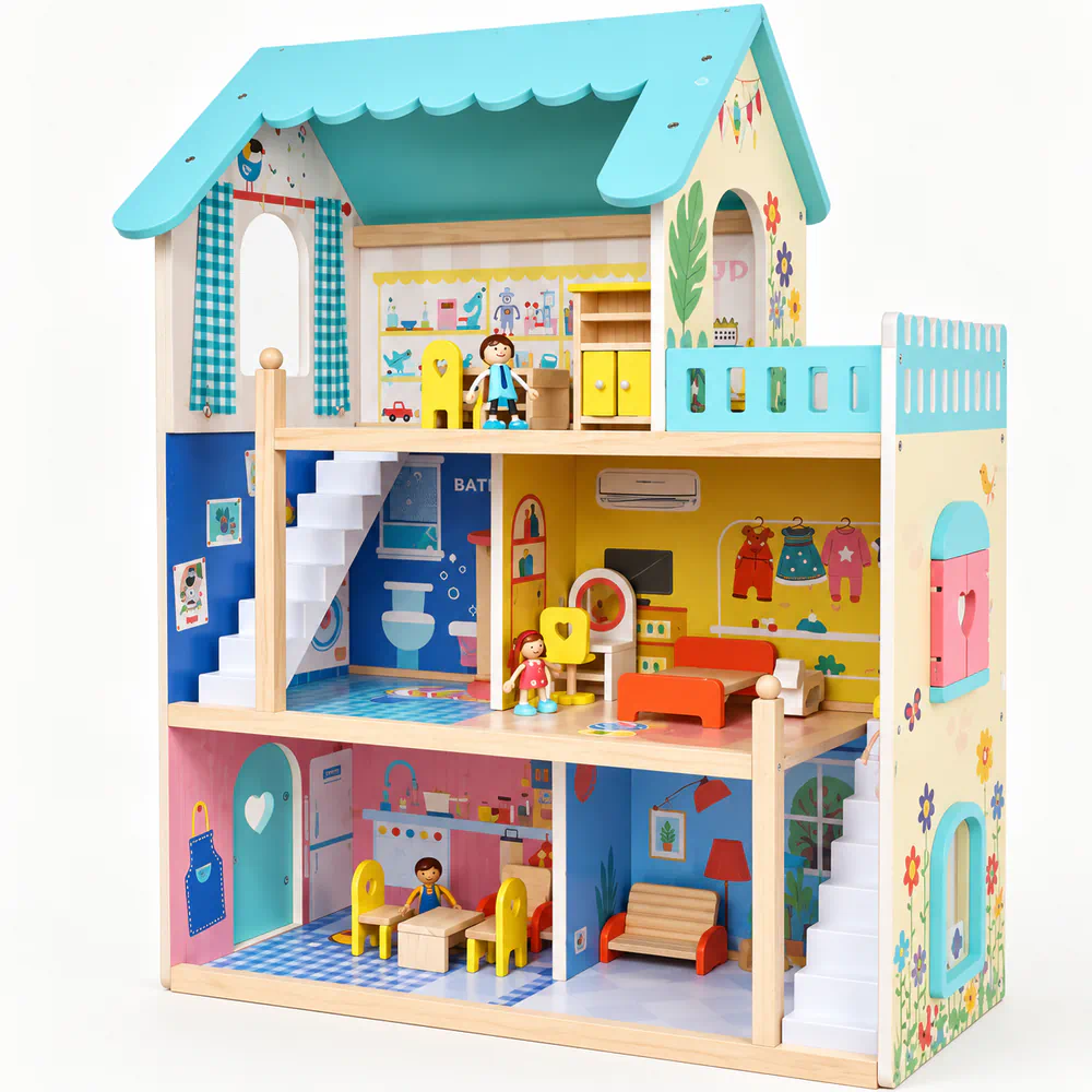 Leo & Friends Wooden Dream Doll House – Multi-Level Playset with Accessories 3+