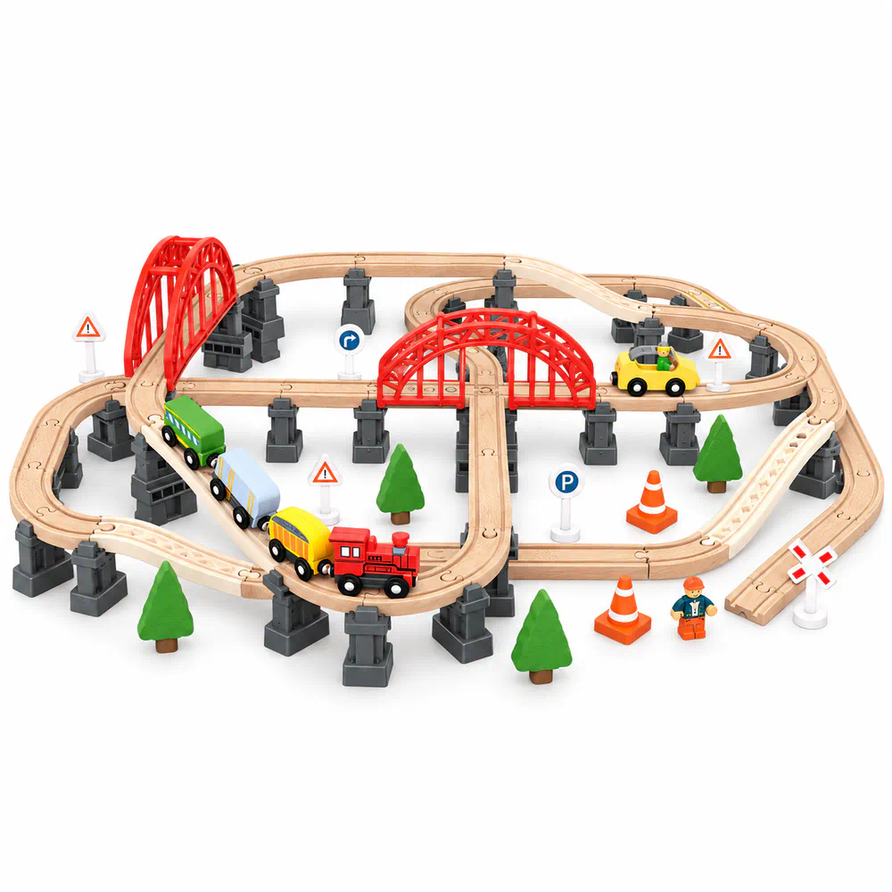 Leo & Friends Wooden Railway Bridge Set – 107-Piece Toy Car Playset