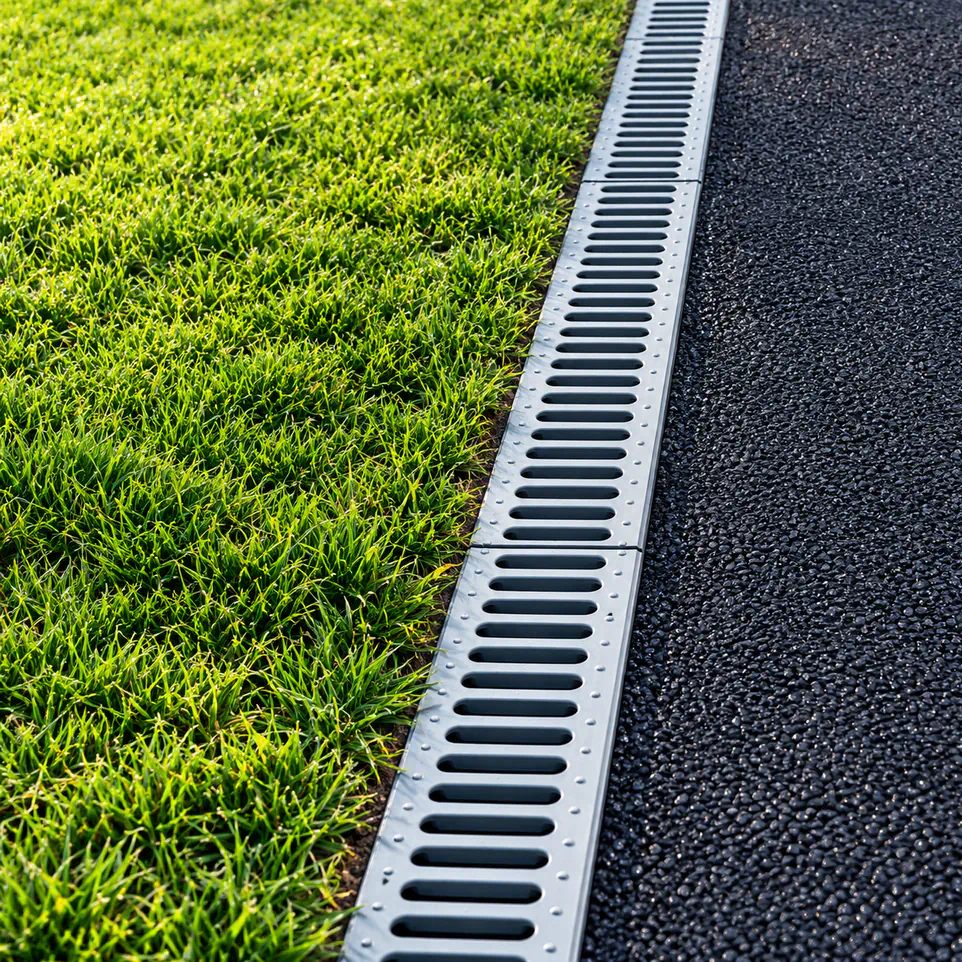 Drainage channel beside a lawn