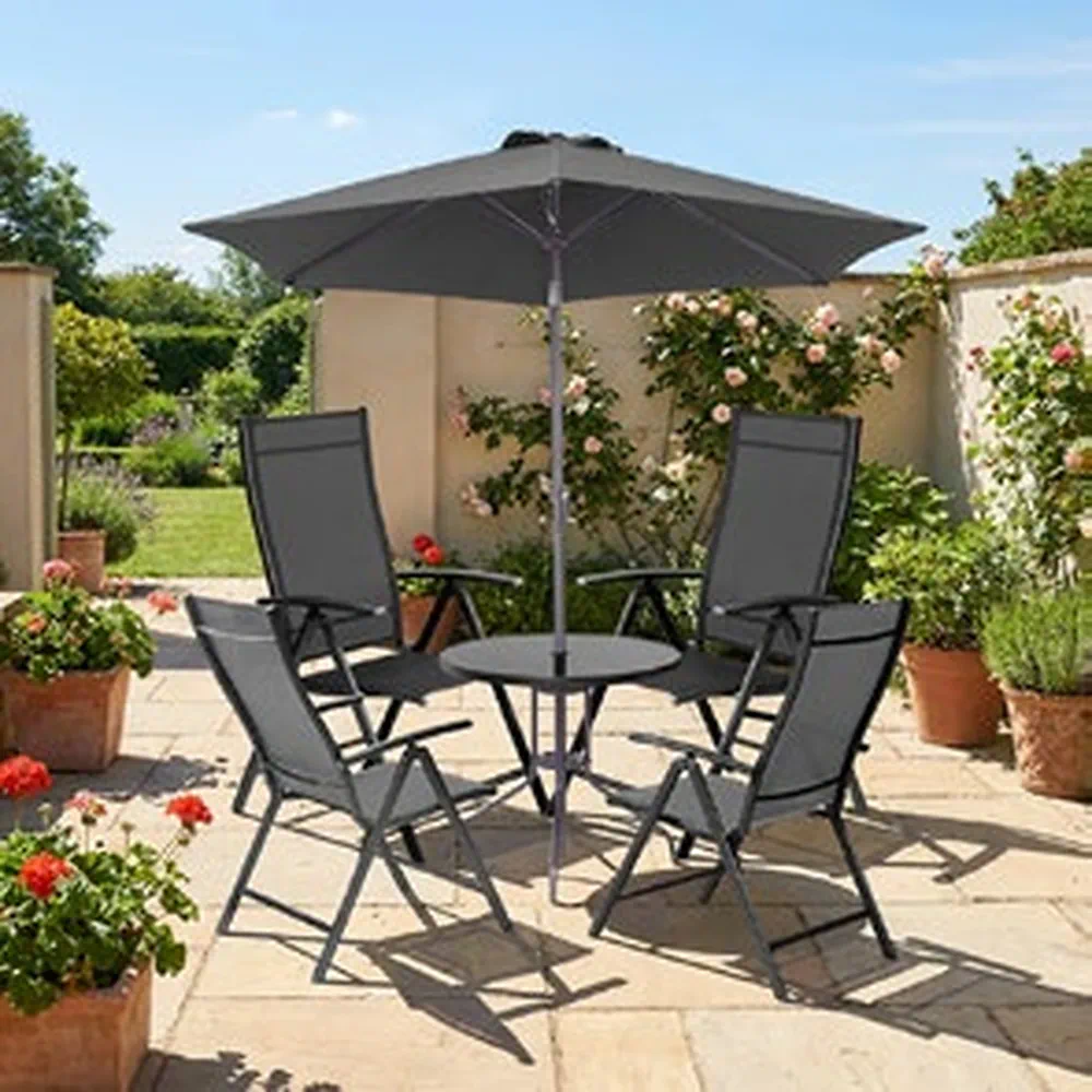 Serra Complete Dining Set With Reclining Chairs, Table And Parasol